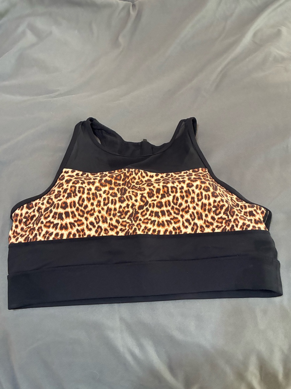 ZYIA High-Neck Sports Bra with Leopard Print and Black Panels